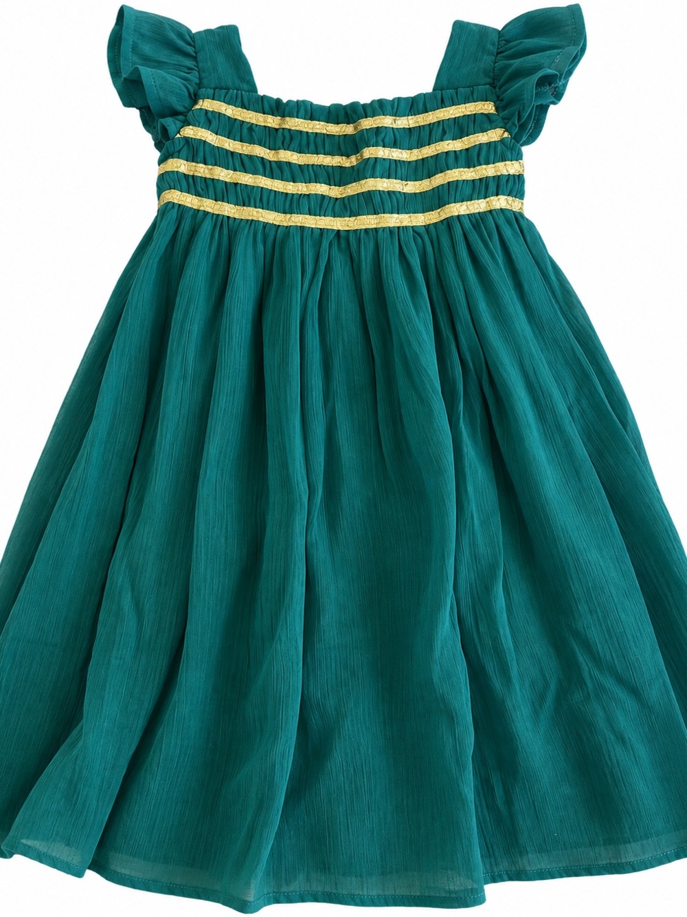 Girls Green Ruffle-Strap Party Dress with Gold Trim